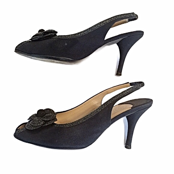 Chanel Navy Blue Camellia Canvas Slingbacks - Picture 2 of 6